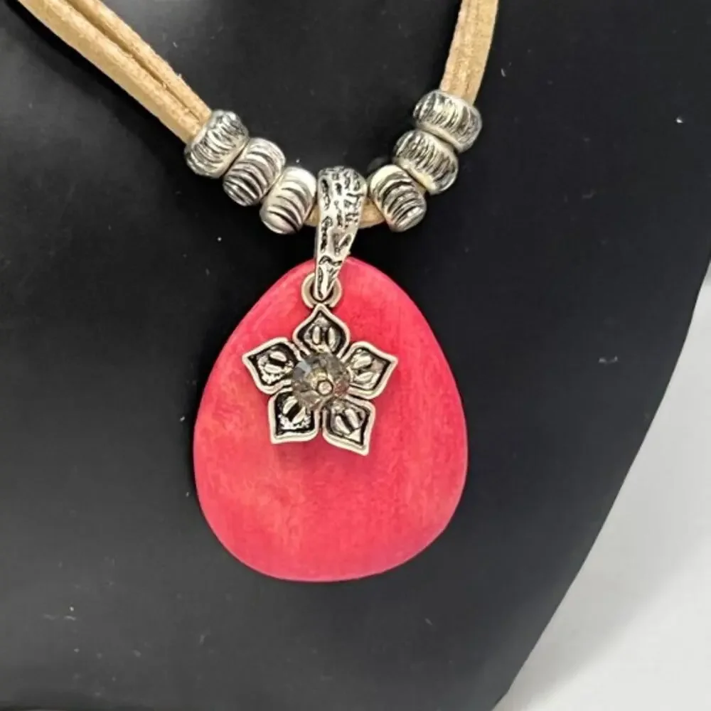 New York & Company Red Dyed Wood Pendant Leather Cord Necklace
